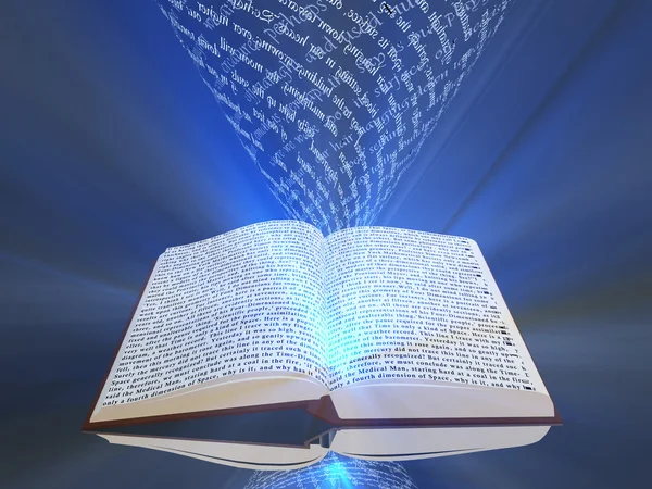Book with floating text and light — Stock Photo, Image