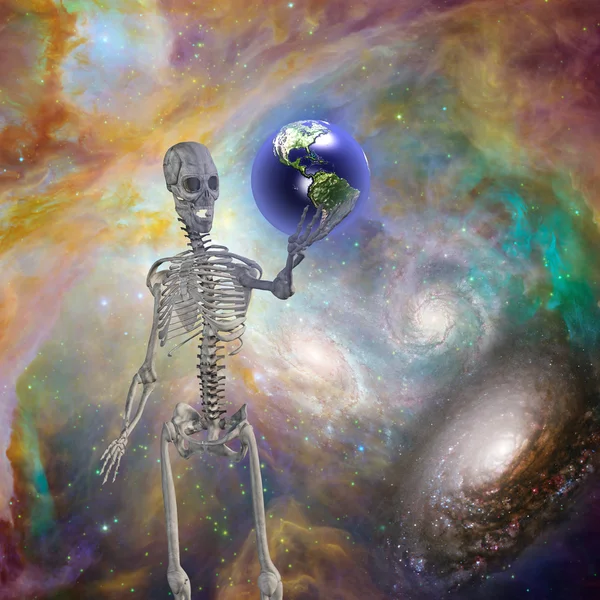 Skelton holds earth — Stock Photo, Image
