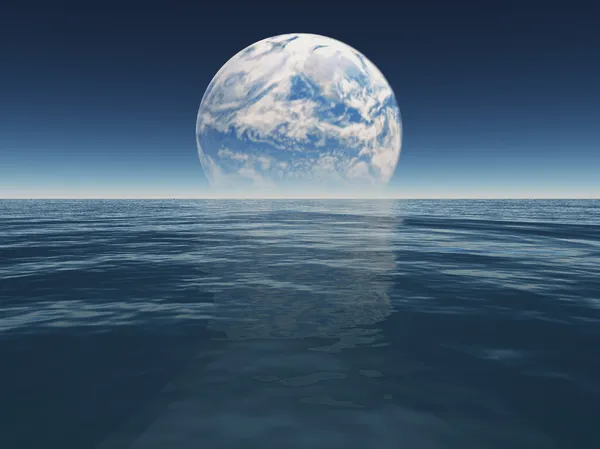 Ocean or sea of alien world or earth water with terraformed moon — Stock Photo, Image
