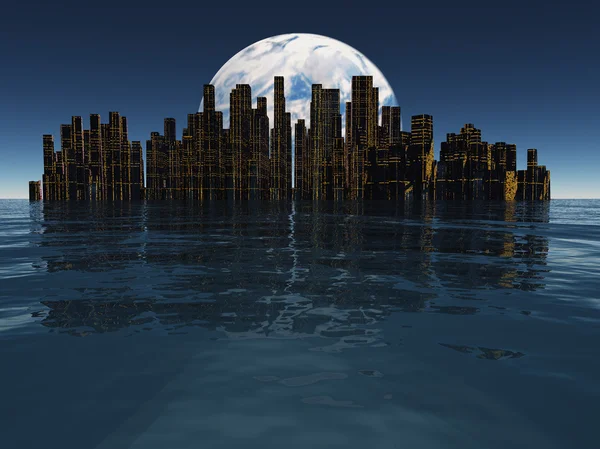 Island or floating city with planet or moon visible beyond — Stock Photo, Image
