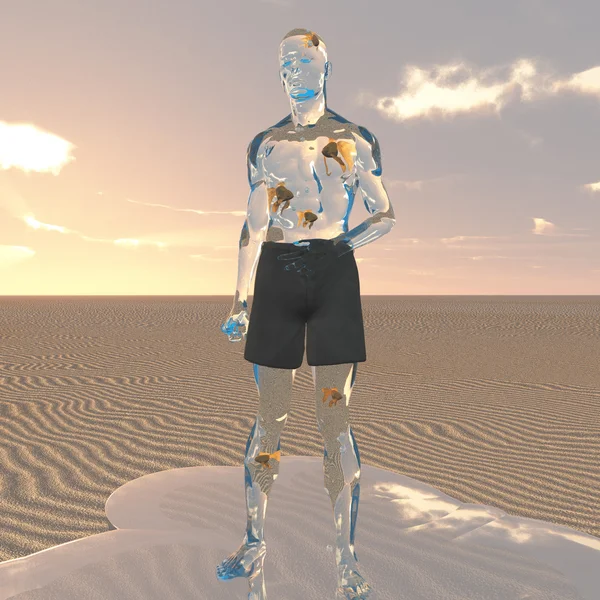 Liquid man in desert with goldfish swimming in his body — Stock Photo, Image