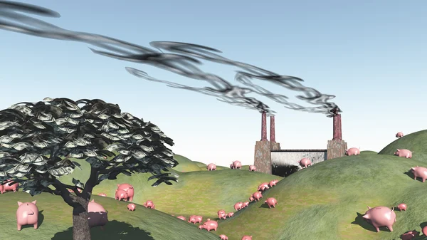 Surreal landscape with factory and pigs moviong toward factory — Stock Photo, Image
