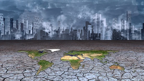 Erde liegt in getrocknetem, rissigen Schlamm vor der Metropole — Stockfoto