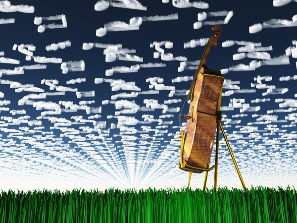 Cello sendet Licht aus, wobei sich Wolken als musikalische Notaions bilden — Stockfoto