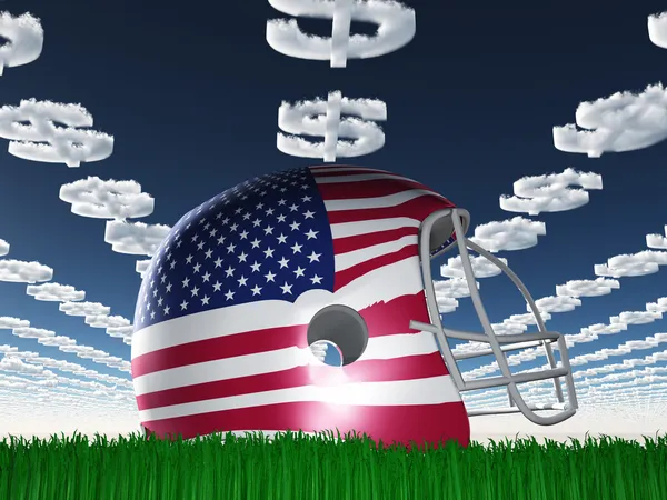 Amerikan bayrağı futbol kaskı dollarsymbol bulutlu çimenlerin üzerinde