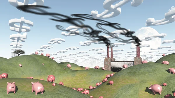Paesaggio surreale con fabbrica e maiali in movimento verso fabbrica — Foto Stock