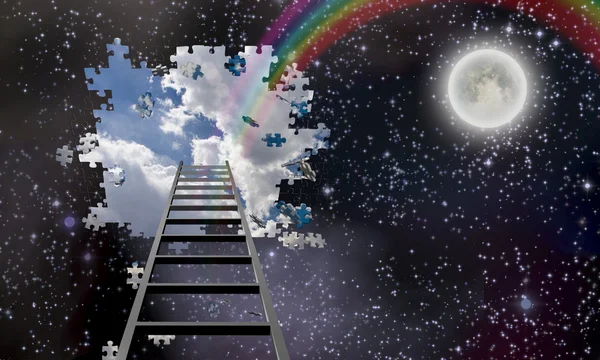 Ladder to Hole in Night Sky Reveals Day Time Skies — Stock Photo, Image