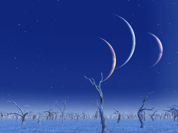 Three planets rise over dead lands — Stock Photo, Image