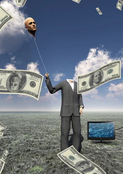 Man met hoofd flaoting ballon en ons valuta — Stockfoto