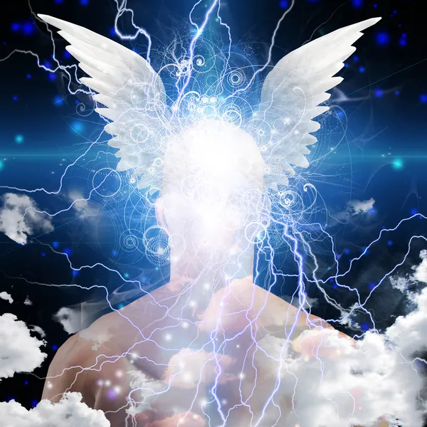 Winged head on star filled man — Stock Photo, Image