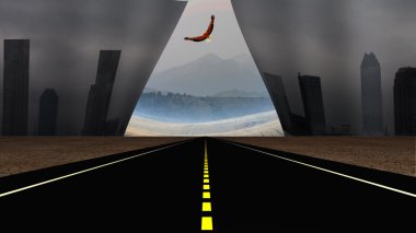 huzurlu manzara ortaya çıkarmak için bölünmüş yol ve dytopic şehir sahne olacak