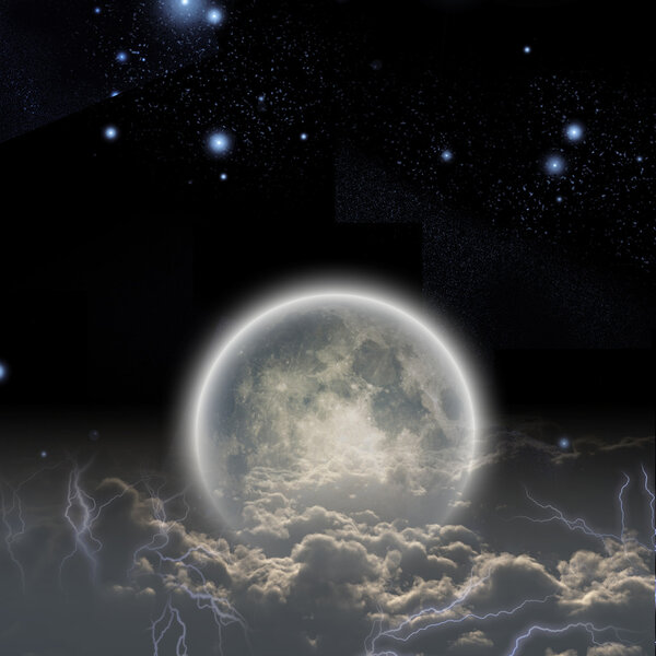 Shining moon over clouds with stars on black sky background