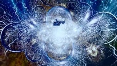 Sonsuz uzayda astronot. Parlak galaksi ve zaman spiralleri