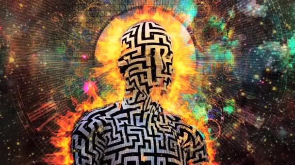 Brennender Mann Mit Labyrinth Muster Zifferblatt Und Hintergrund Des Universums — Stockvideo