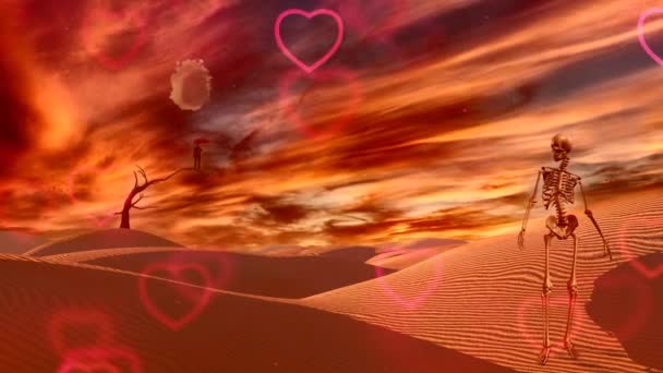 本物の白い砂漠だ 赤い傘の男が乾いた木の上に立っている スケルトンは死を象徴する 空の渦巻銀河 — ストック動画