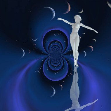 Uzayda balerin. Aynalı yuvarlak fraktal. 3B görüntüleme.