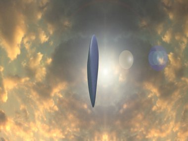 UFO gökyüzünde süzülüyor. 3B görüntüleme.