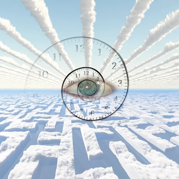 Existência Tempo Olho Deus Espiral Tempo Labirinto Nuvens Renderização — Fotografia de Stock