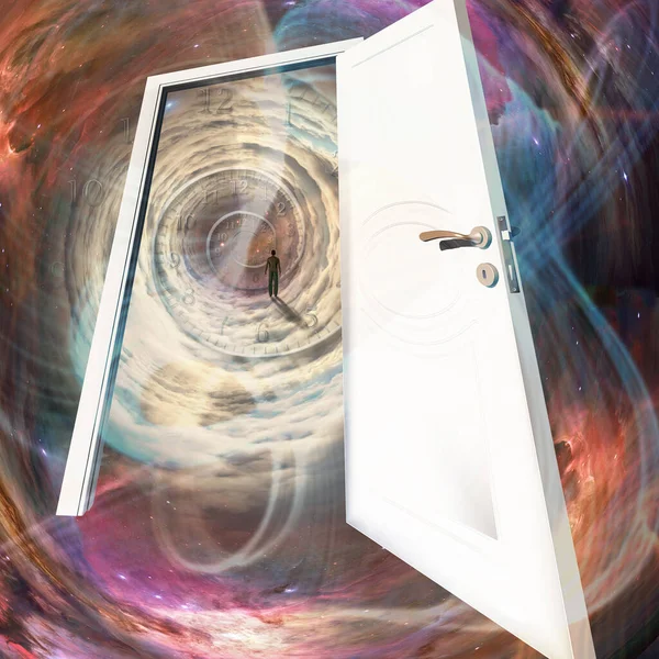 Door Time Lonely Figure Distance Spirals Time Rendering — Stock Photo, Image