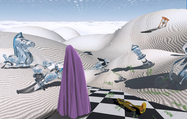 Figure in purple cloth stands in surreal desert. 3D rendering.