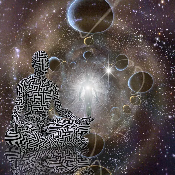 Meditation Man Maze Patterns Lotus Pose Deep Space Soul Emerges — Stock Photo, Image