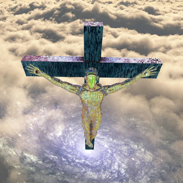 雲の中で十字架につけられたサイボーグ 3Dレンダリング — ストック写真