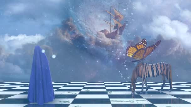 银河在生动的空间 超现实的国际象棋景观 — 图库视频影像