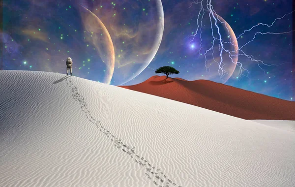 Astronauta Está Surrealista Desierto Blanco Renderizado —  Fotos de Stock