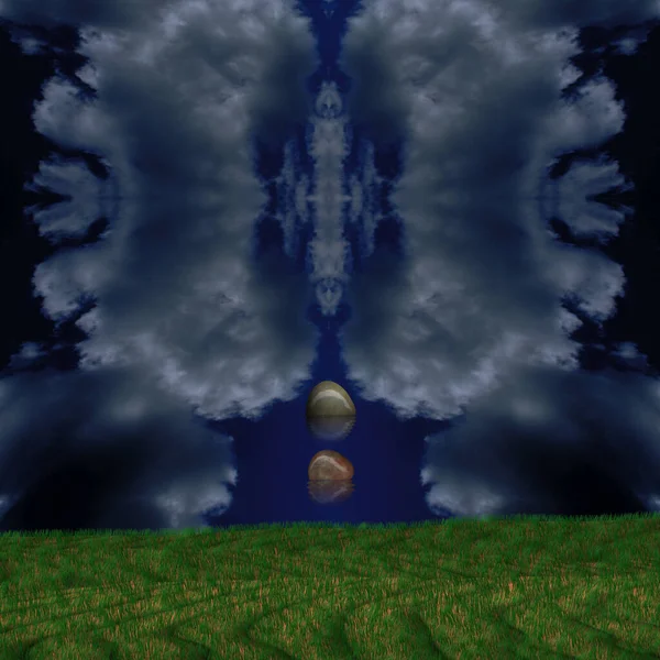 超現実的な風景 鏡のような雲と浮遊する岩 3Dレンダリング — ストック写真
