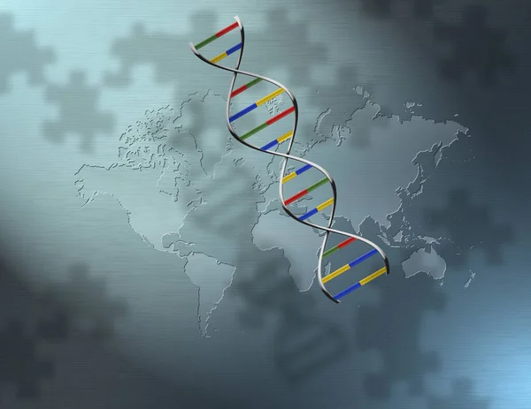 世界遗传 Dna链和世界地图3D渲染 — 图库照片