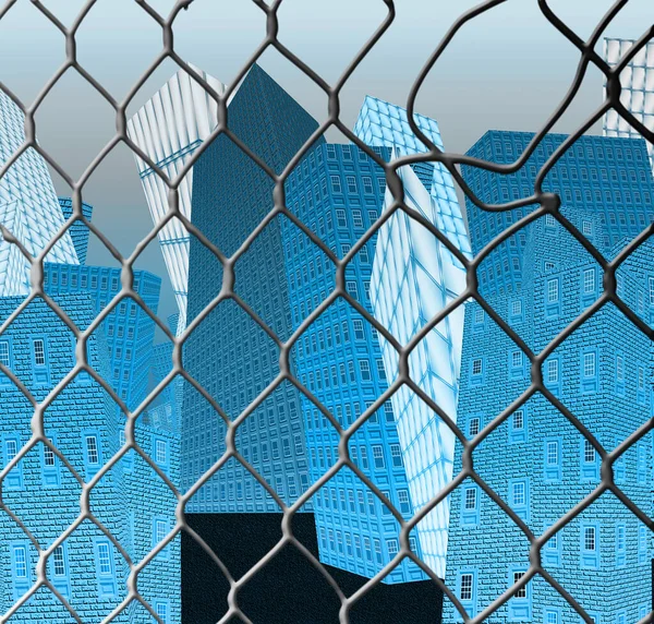 超现实的城市 五彩缤纷的房屋在金属栅栏后面 3D渲染 — 图库照片