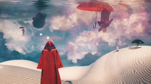 Figur Röd Mantel Står Öknen Människan Flyter Rött Paraply Grönt — Stockvideo