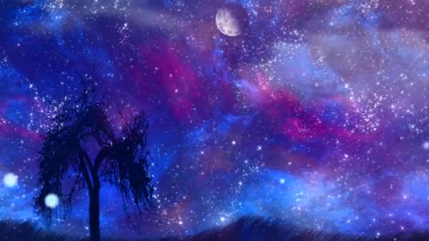 Silhouette Arbre Sur Une Eau Calme Lune Dans Ciel Étoilé — Video