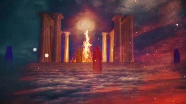 火の古代寺院とその神秘的な司祭のアニメーション — ストック動画