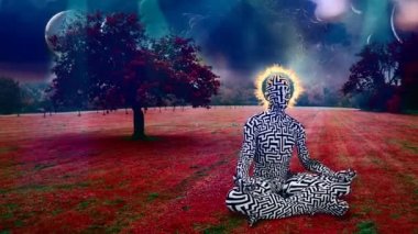 Adam nilüfer çiçeği pozuyla meditasyon yapıyor. Gerçeküstü manzara