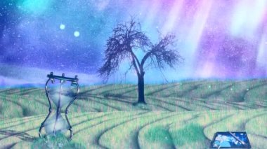 Kum saati ve sanat. Tarlada yapayalnız siyah ağaç