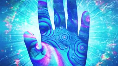 Ruhani kompozisyon. Yaratıcının Eli. İnsan avuç içi ve galaksisi sonsuz uzayda