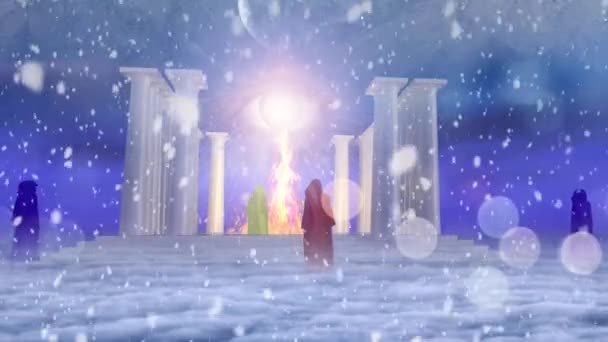 Antiguo Templo Fuego Misteriosa Animación Sacerdotes — Vídeo de stock