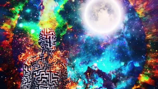 宇宙瞑想 男で蓮のポーズ瞑想で深い空間 — ストック動画