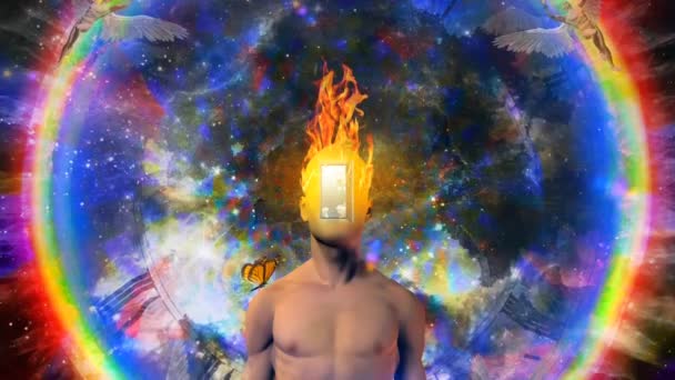 Muž Hořící Myslí Otevřenými Dveřmi Místo Obličeje Kosmické Vesmírné Animaci — Stock video