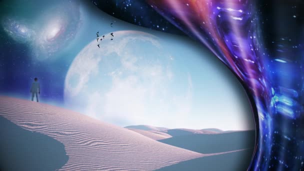 Surreal White Desert Galaxies Big Moon Horizon Man White Suit — Stock Video