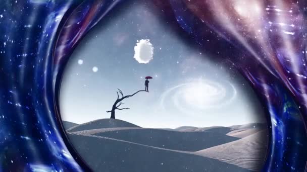 夢の砂漠 赤い傘の男とぬかるんだ空間 — ストック動画