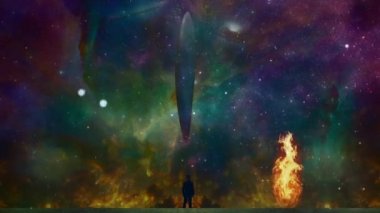 İnsanoğlu renkli gökyüzünde galaksileri ve nebulaları olan dev bir UFO görür.
