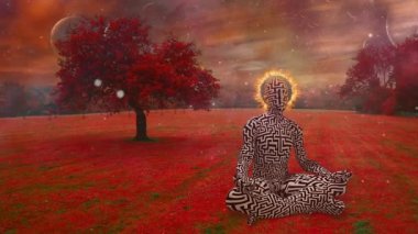 Adam nilüfer çiçeği pozuyla meditasyon yapıyor. Gerçeküstü doğa.