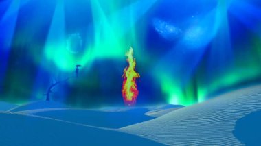 Beyaz çölde yangın. Kırmızı şemsiyeli adam kuru bir ağaçta duruyor.