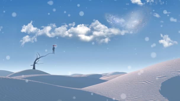 超现实的白色沙漠一个拿着红色雨伞的人站在一棵枯树上 — 图库视频影像