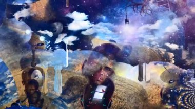 Erkeklerin kafaları farklı düşüncelerle dolu. Ağaç dalında bir ampul. Gerçeküstü rüya