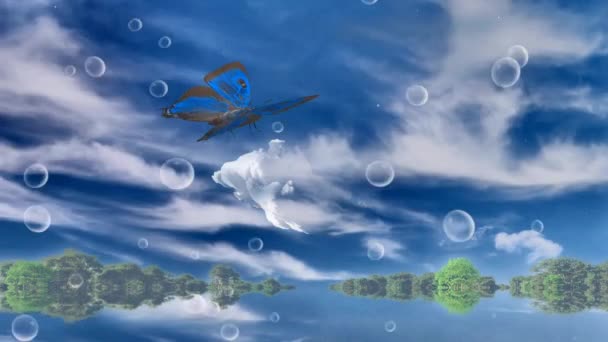 蝴蝶飞过云彩 水世界的绿树 — 图库视频影像