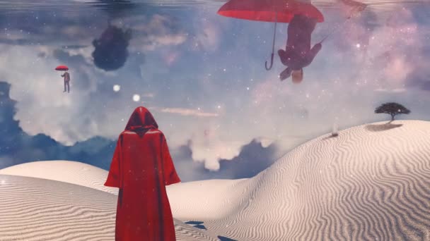 Postava v červeném plášti stojí v poušti. Muž plave v červeném deštníku. Zelený strom na písečné duně. Postava mnicha v dálce. Mraky se odrážejí v oceánu