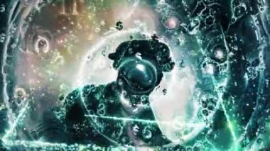 Siyah takım elbiseli adam. Yeşil elma surat. Bulutların girdabında zaman sarmalı